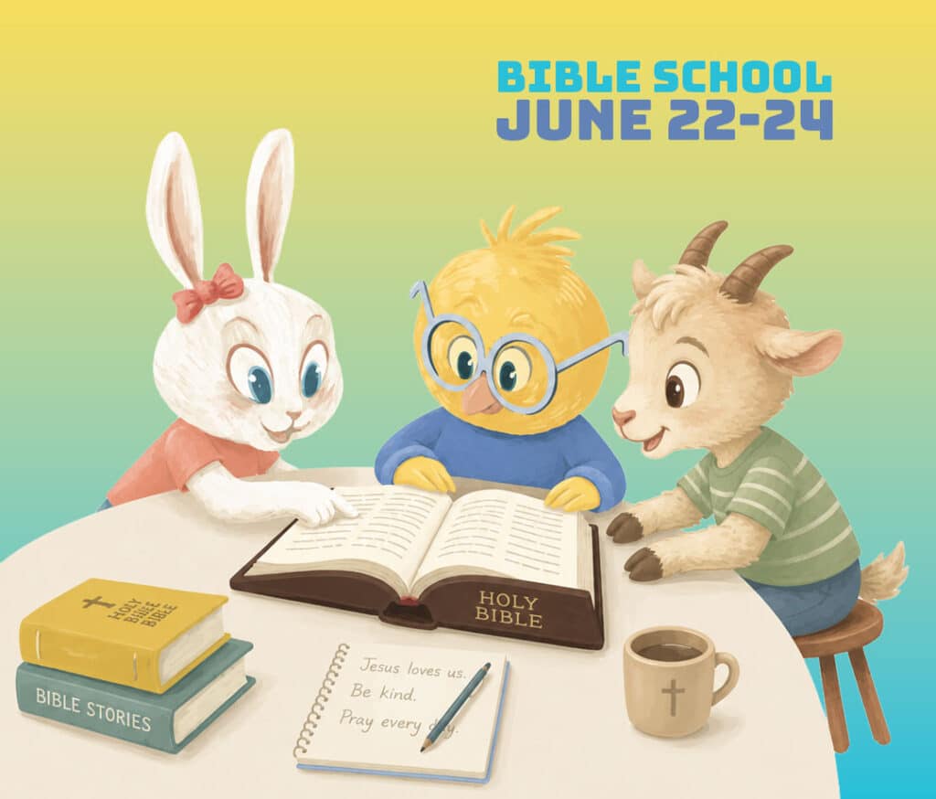 Illustrated bunny, chick, and goat studying an open Bible together at a table with books and notes in a soft pastel storybook style.